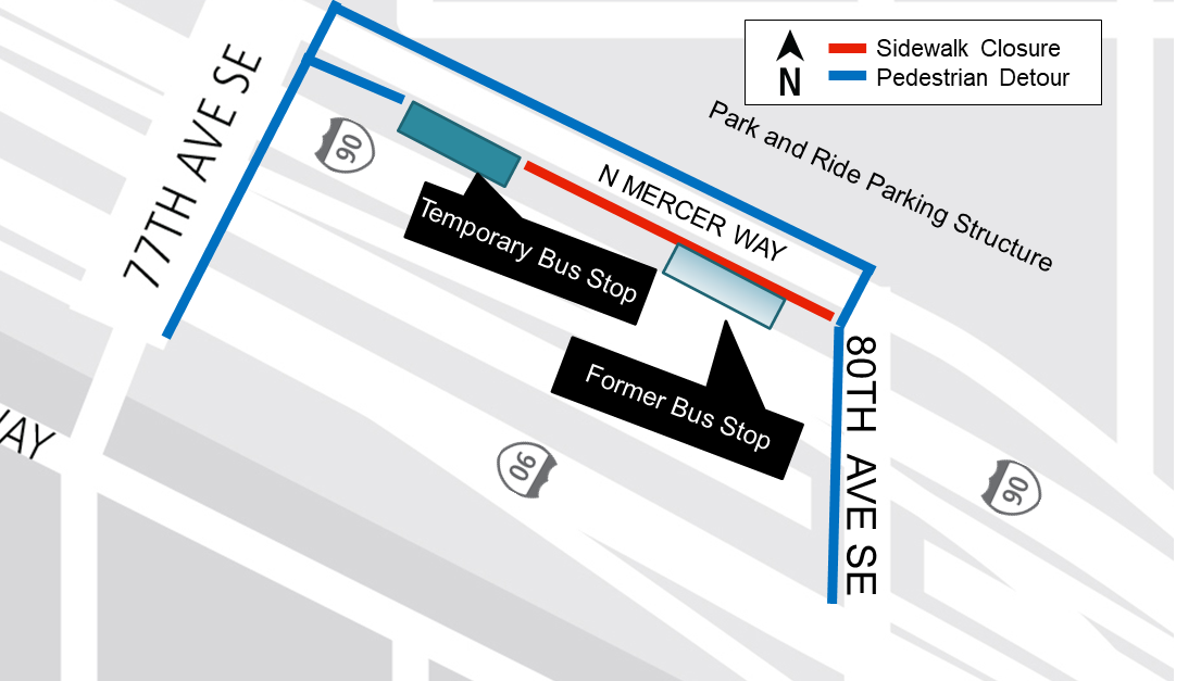 Construction impacts map for King County Metro bus stop change and pedestrian detour for N Mercer Way on Mercer Island.
