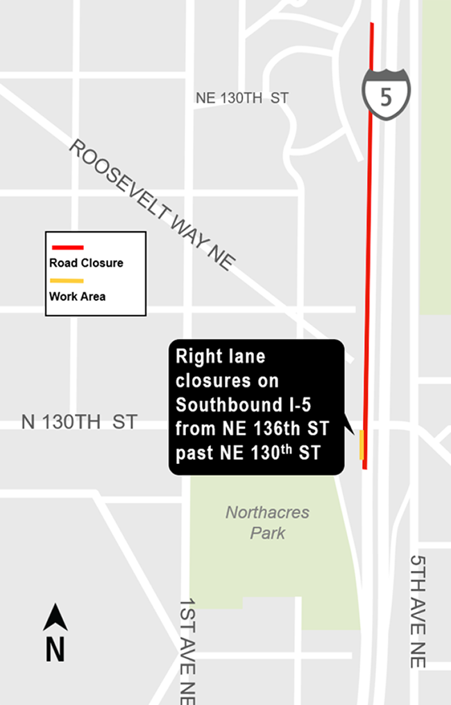 Construction impacts map for Right Lane closure on southbound Interstate-5 at Northeast 130th Street, Lynnwood Link Extension
