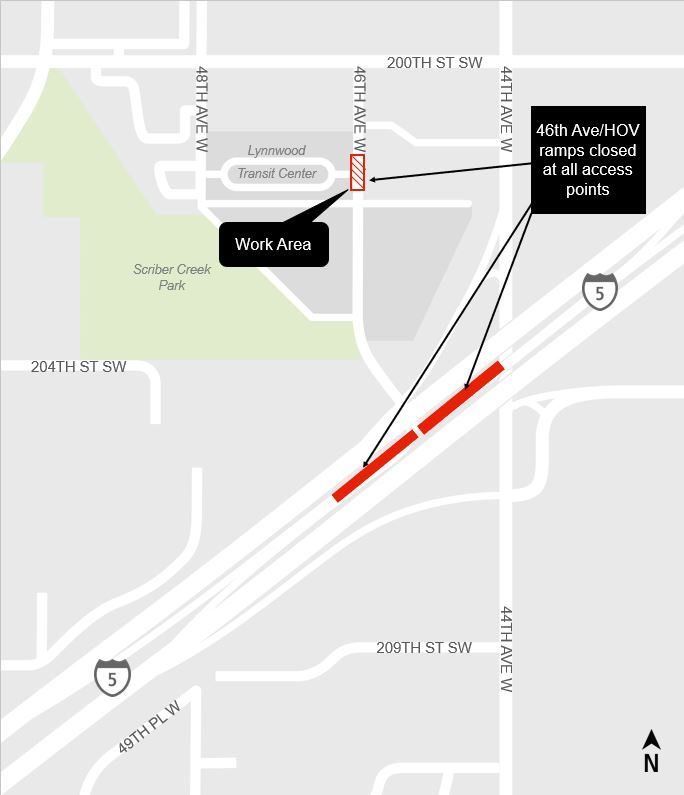Construction impacts map for 46th Avenue West HOV ramp closure and work area, Lynnwood Link Extension