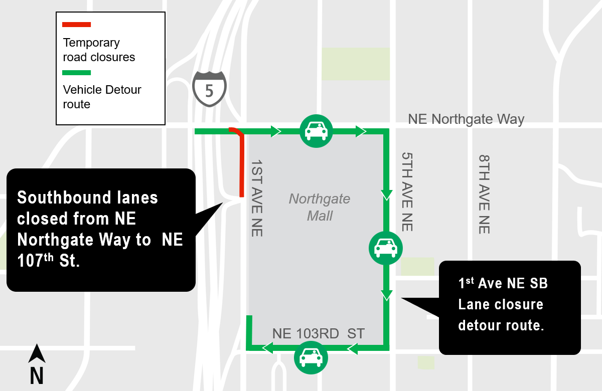 Construction impacts map for Nightly road closures of southbound 1st Ave NE at Northgate Way for utility boring work