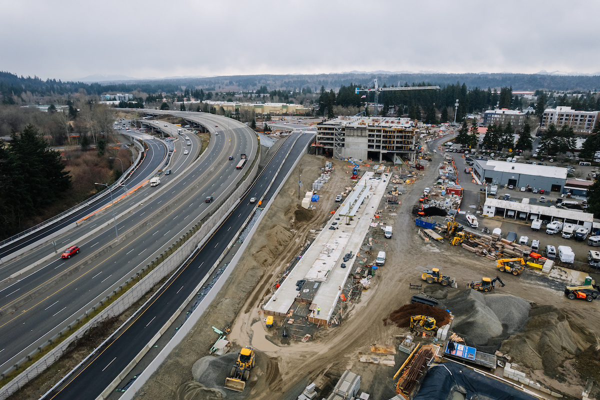 Aerial photograph showing the future Marymoor Village Station and garage next to a new freeway offramp from eastbound SR 520 to SR 202/Redmond Way