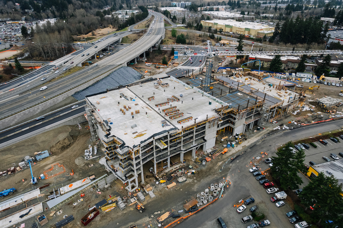 Aerial photo of the future Marymoor Village garage with SR 520 in the background