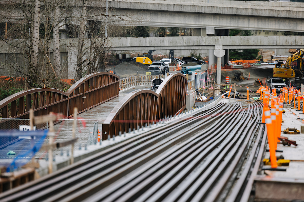 Photograph of rail being staged on the elevated guideway that will bring light rail into downtown Redmond from the Marymoor Village Station