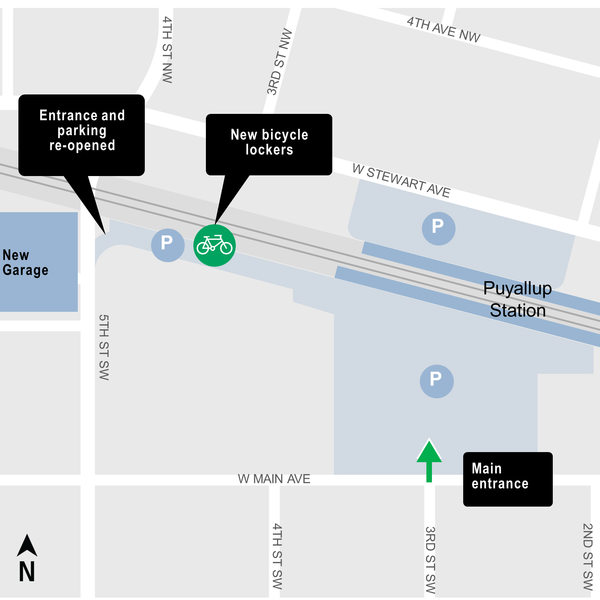 Map showing re-opened parking and new bike lockers.