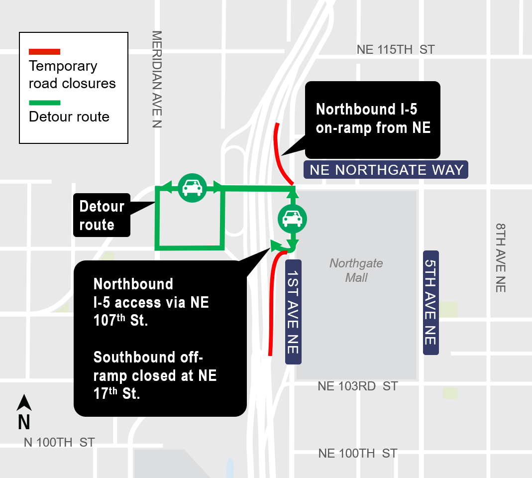 Construction impacts map for closure at Northgate Way northbound I-5 on-ramp and NE 107th Street off-ramp