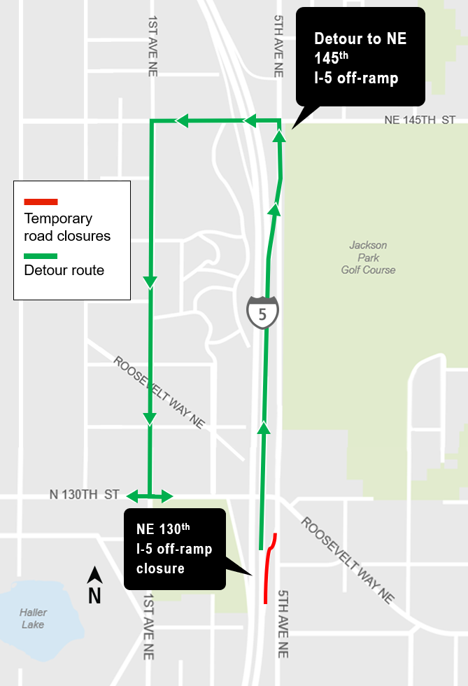 Construction impacts map for northbound I-5 to NE 130th Street off-ramp