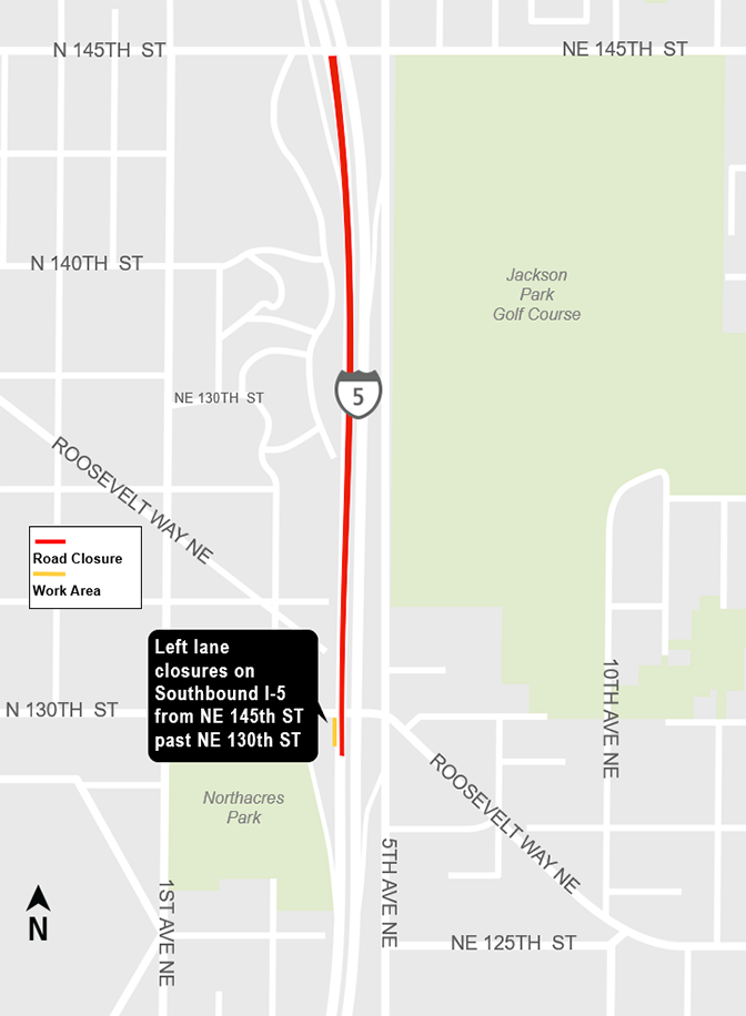 Construction impacts map for left lane closure on southbound I-5 from NE 136th St past NE 130th St 