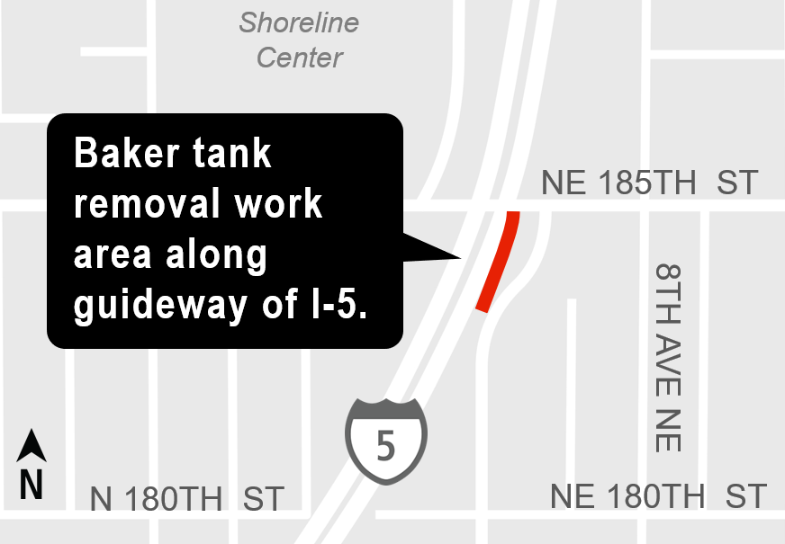 Construction impacts map for Baker Tank removal work area along guideway