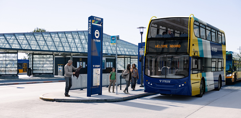 Example rendering of Stride bus station and double-decker bus.