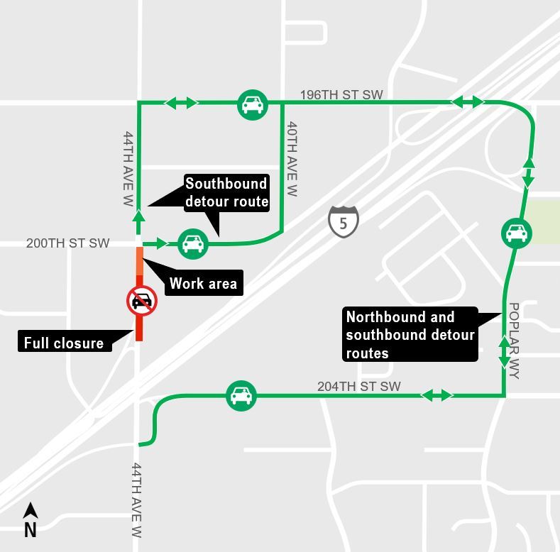 Area map image showing a construction closure at 44th Ave West in Lynnwood, Lynnwood Link Extension