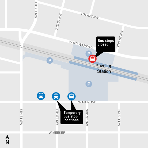 Area map showing relocation of bus stop at Puyallup Station for construction