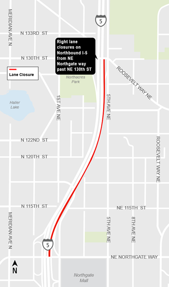 map showing I-5 right lane closure, Lynnwood Link Extension