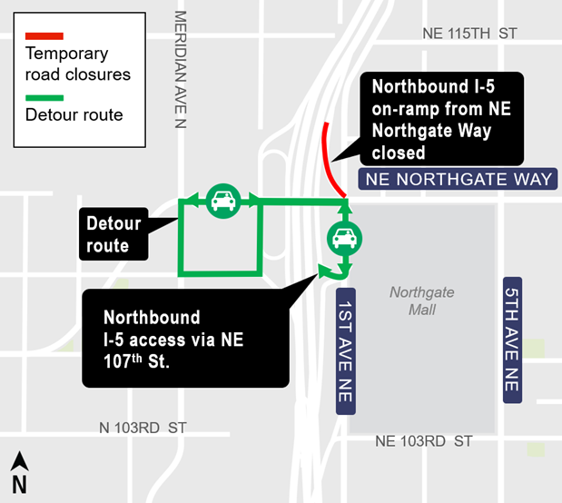 map showing Northeast Northgate Way on-ramp closure and detour, Lynnwood Link Extension