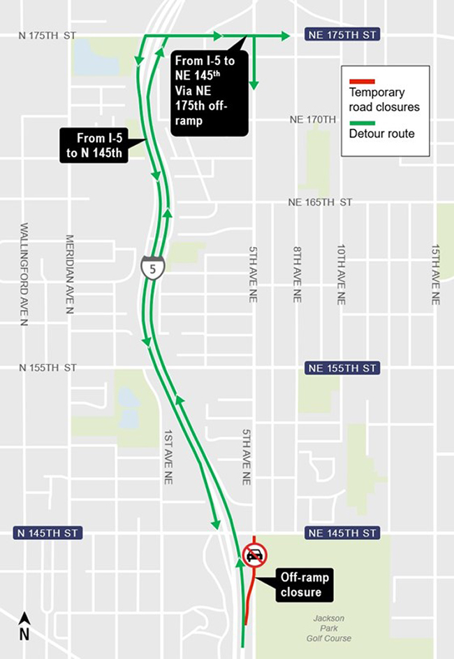 Construction impacts map for Northeast145th Street northbound I-5 off-ramp closure detour
