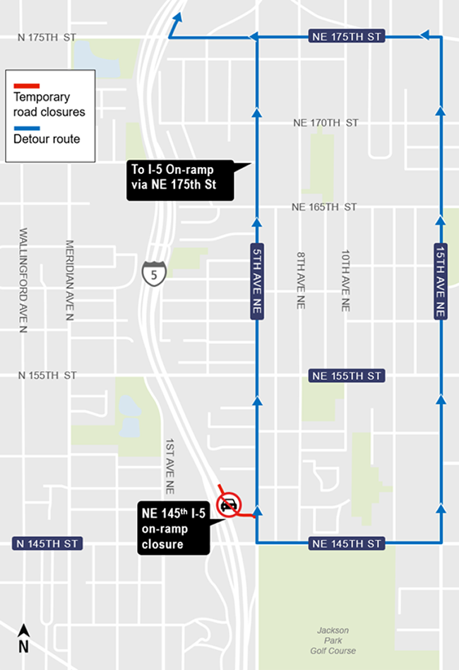 Construction impacts map for NE 145th St. northbound I-5 on-ramp closure
