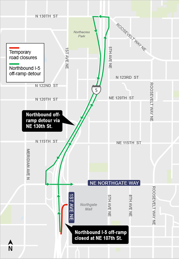Construction impacts map for northbound I-5 off-ramp to NE 107th Street, Lynnwood Link Extension Construction Alert