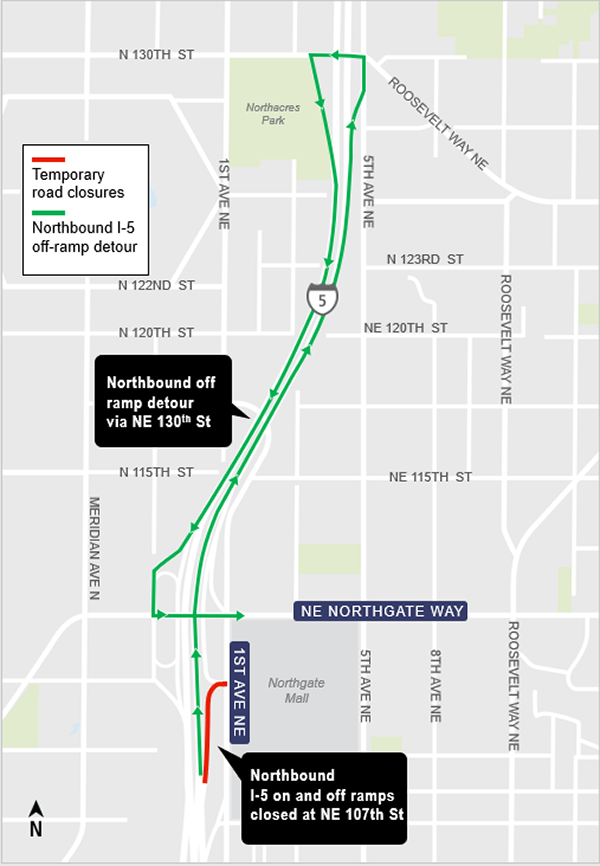 area map showing northbound I-5 on and off ramps closed at NE 107th St. 