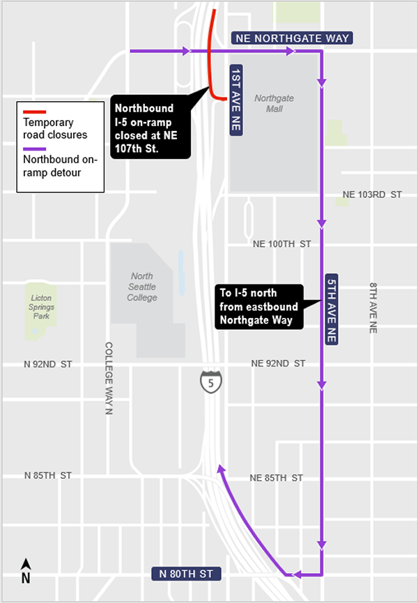 area map showing NE 107th St. northbound I-5 on-ramp detour