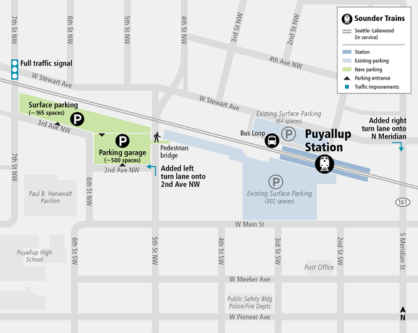 Area map showing updated parking available at Puyallup Sounder Train Station