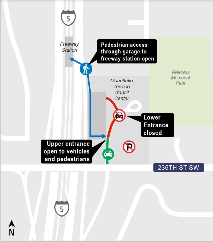 area map showing Mountlake Terrace lower garage closure for construction, Mountlake Terrace Station Construction Alert