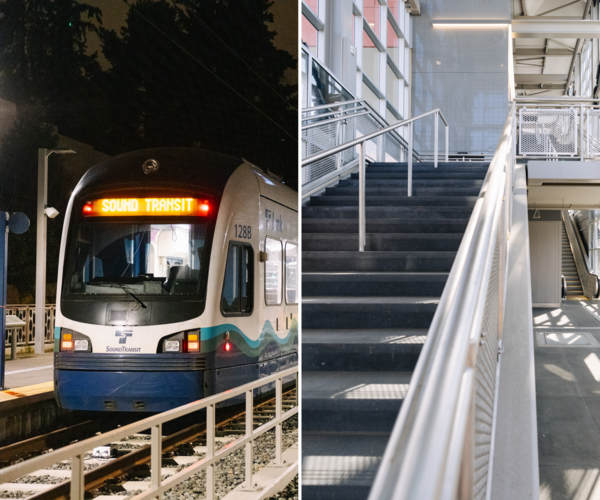 Photo of the Link Light Rail at a link station and view of escalators/stairs