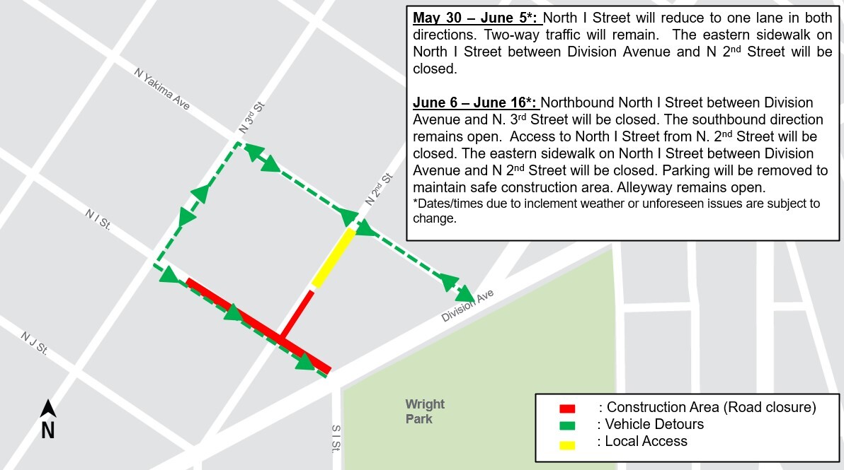 Area map showing North I Street northbound closure between Division Avenue and North 3rd Street and detour routes