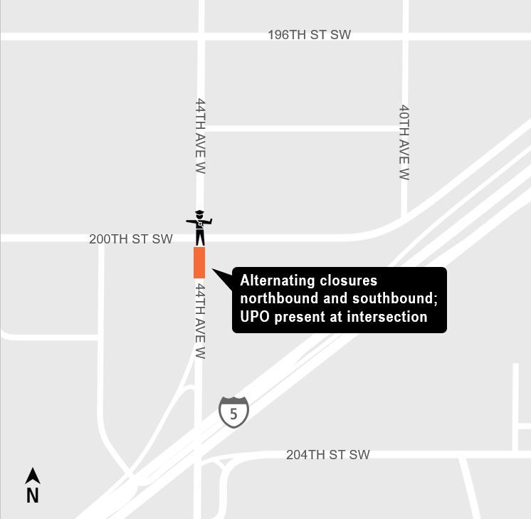 Area map showing alternating 44th Avenue West northbound and southbound closures