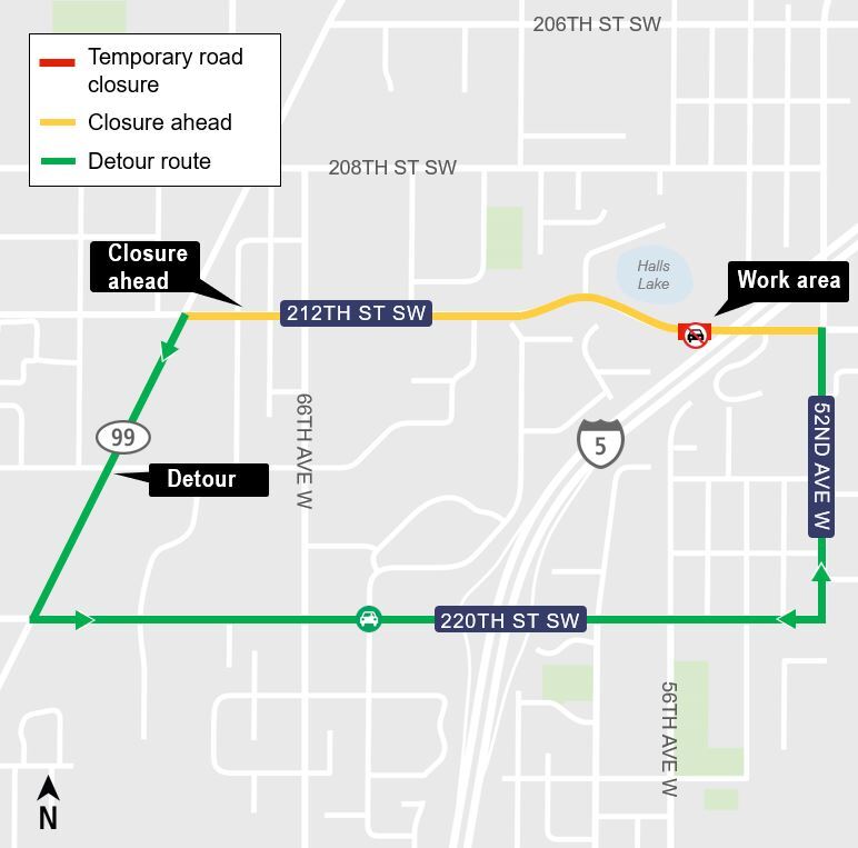 Area map showing the closure of 212th Street Southwest and resulting traffic impacts