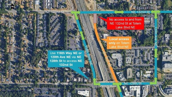 area map showing traffic impacts due to totem lake boulevard closure at northeast 132nd street