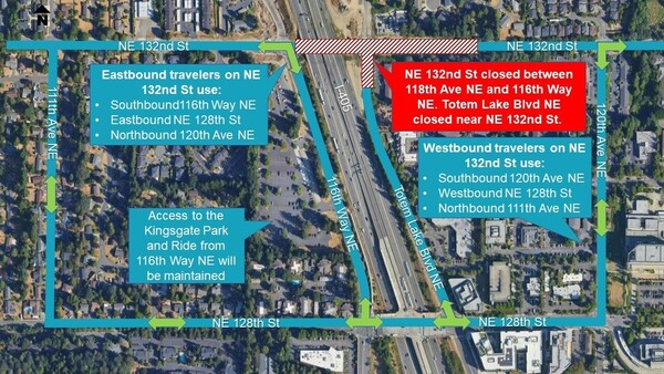 area map showing traffic impacts due to Totem Lake Boulevard full closure