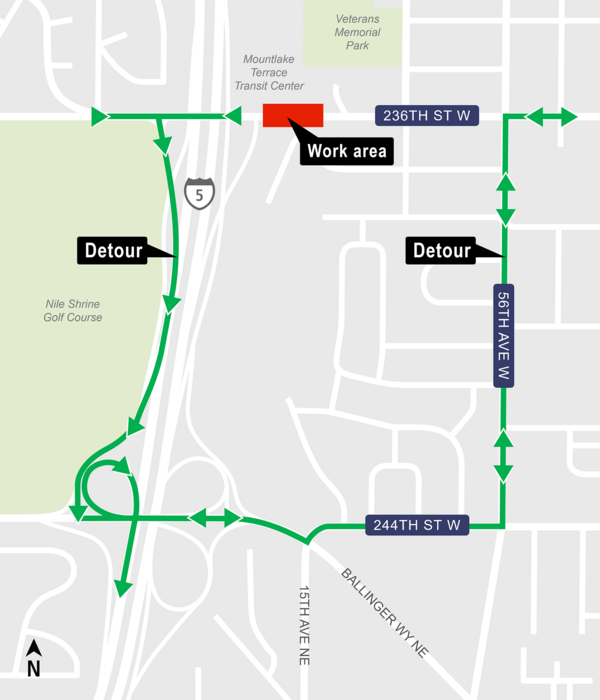 area map showing traffic impacts due to 236th Street Southwest closure and detour work in Mountlake Terrace