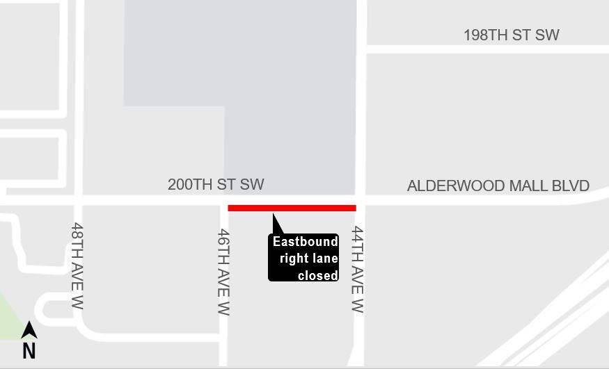 Area map showing 200th Street eastbound right lane closure