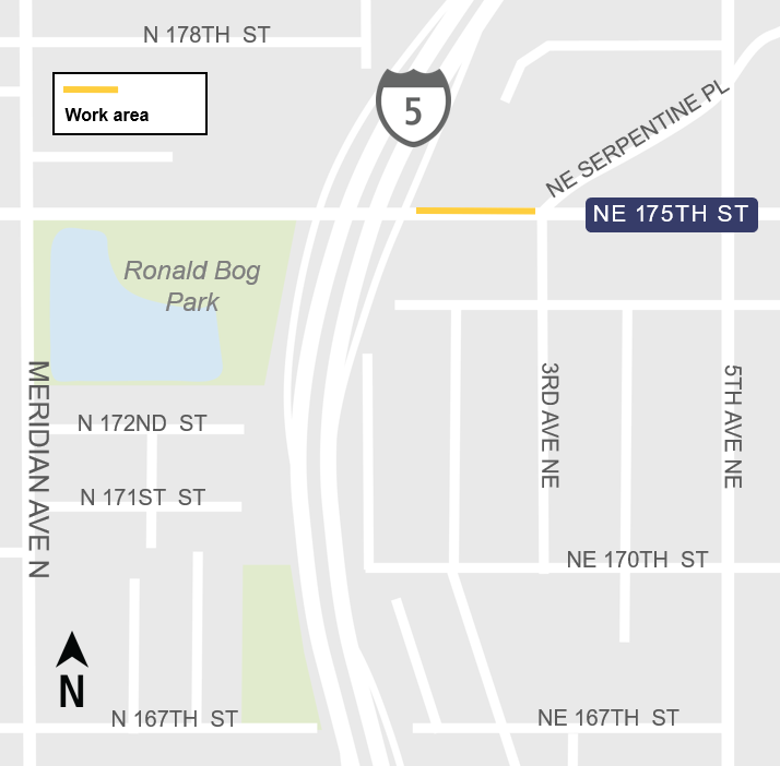 Area map showing night closure of right lane on westbound NE 175th Street