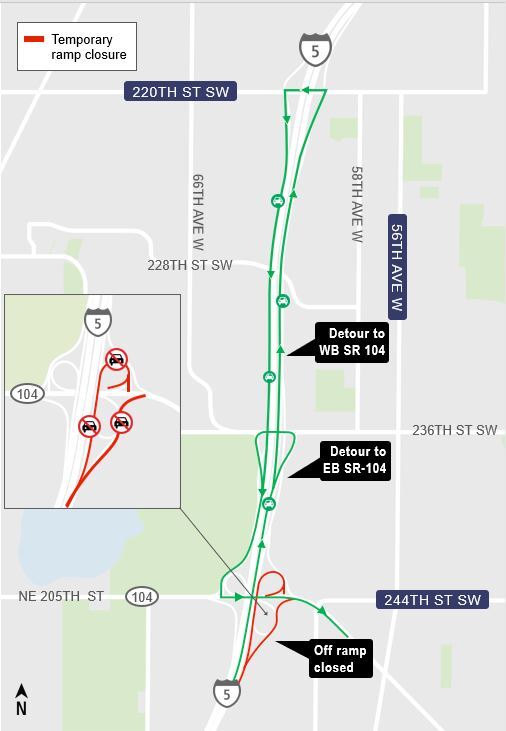 area map showing closure of eastbound and westbound SR 104 with detours