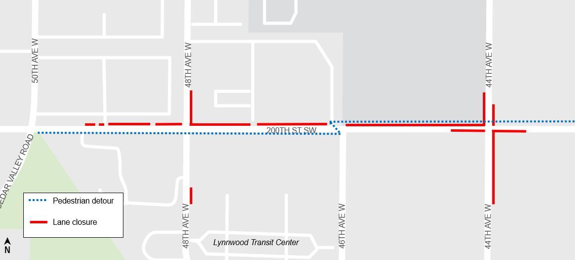 area map showing closure of north side of 200th St SW and pedestrian detours