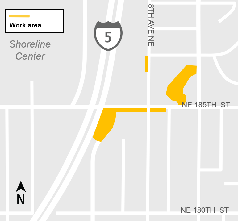 area map showing construction impact from scheduled work at NE 185th St. Station/Garage