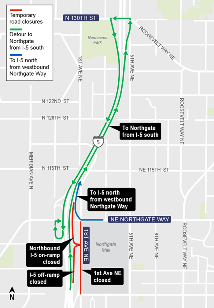 area map showing construction impacts from closures of 1st Avenue NE and northbound I-5 on-ramp and off-ramp at NE 107th Street