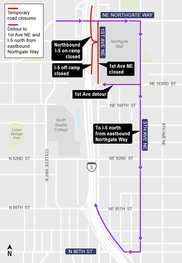area map showing construction impacts from closure of 1st Avenue NE and northbound I-5 on-ramp and off-ramp at NE 107th Street