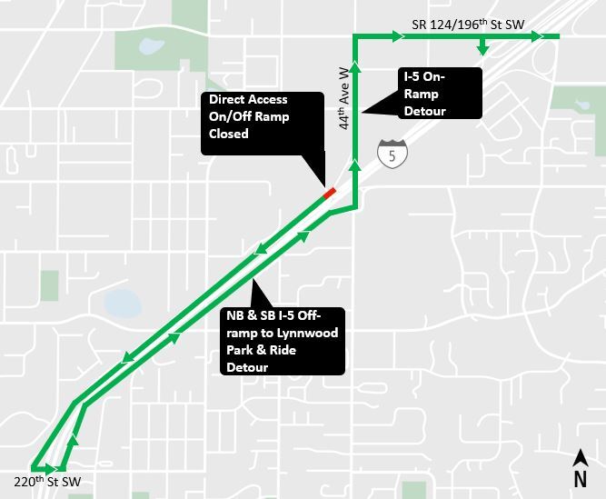 area map showing 46th avenue west closure and detour route