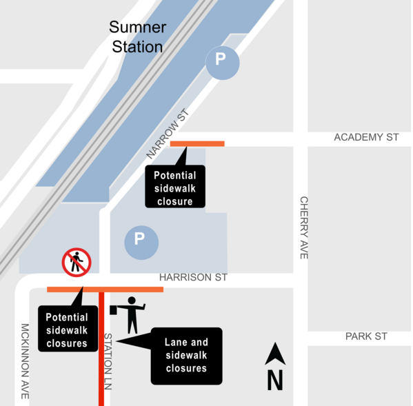 area map showing lane closure and potential sidewalk closures near Sumner Station