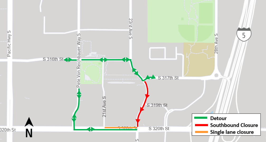 area map showing construction impacts of South 320th Street single lane closure in Federal Way