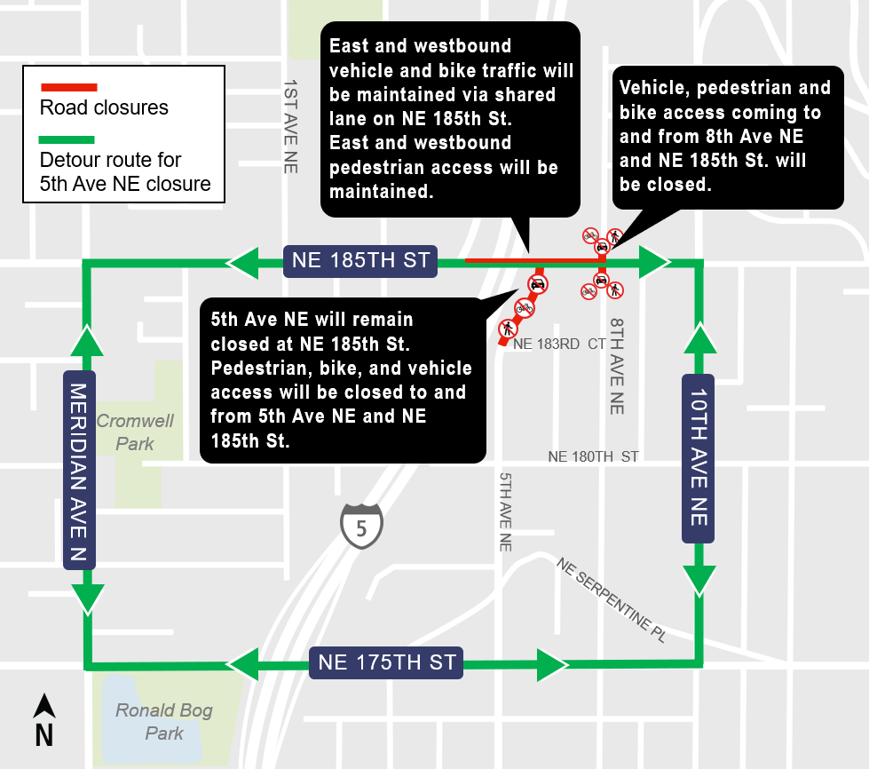 area map showing construction traffic impacts from NE 185th Street restoration work