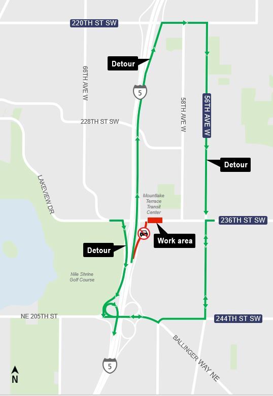 area map showing closure of 236th Street Southwest and detour