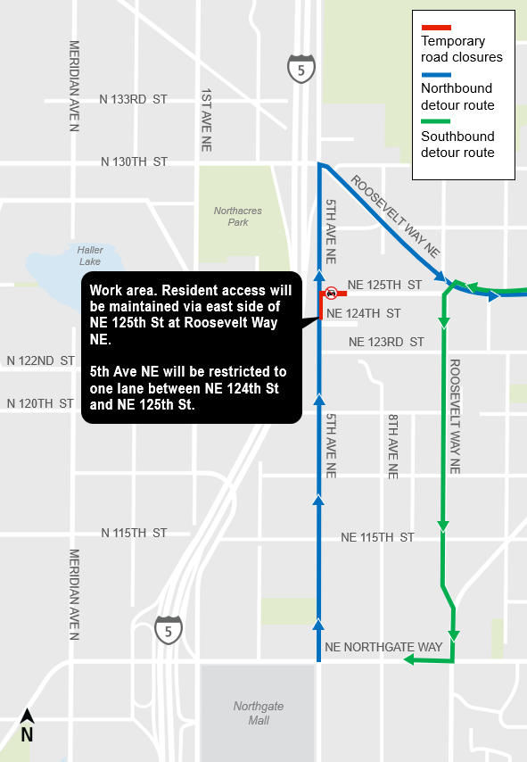 area map showing Northeast 25th Street closure and detour route