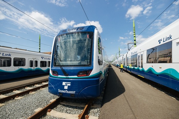 image of Link light rail trains at an Operations and Maintenance Facility