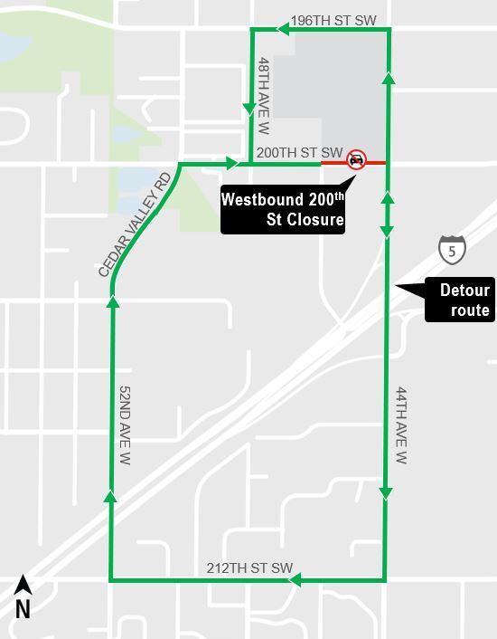 Westbound 200th St SW closure and detour.