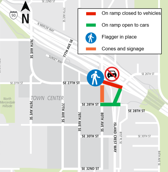 map showing construction impacts from Mercer Island Station HOV lane closure