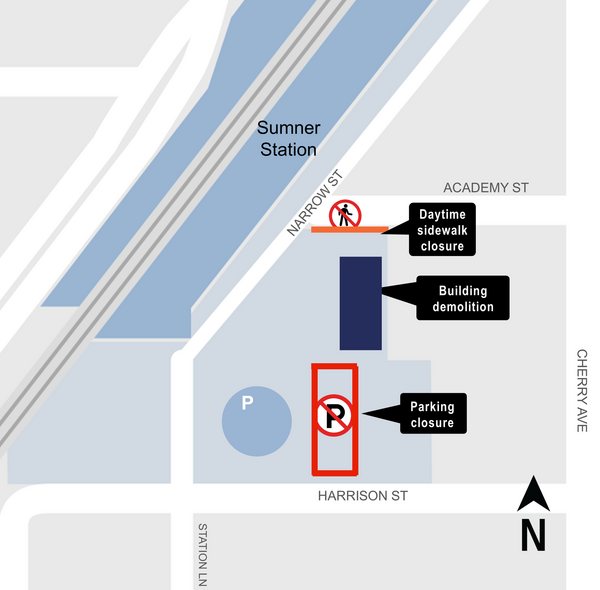 Map showing Sumner Station, the demolition site, and parking spaces removed.
