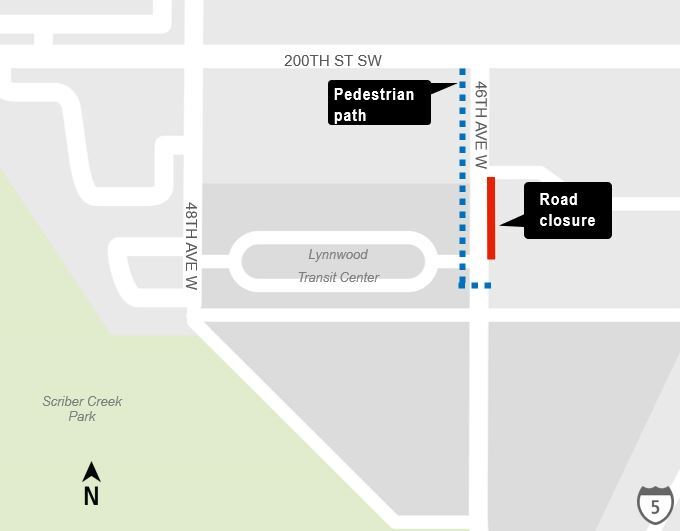 area map showing 46th Ave closure and pedestrian path