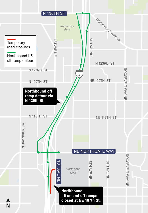 area map showing Northbound Interstate-5 off-ramp detour via North 130th St. 